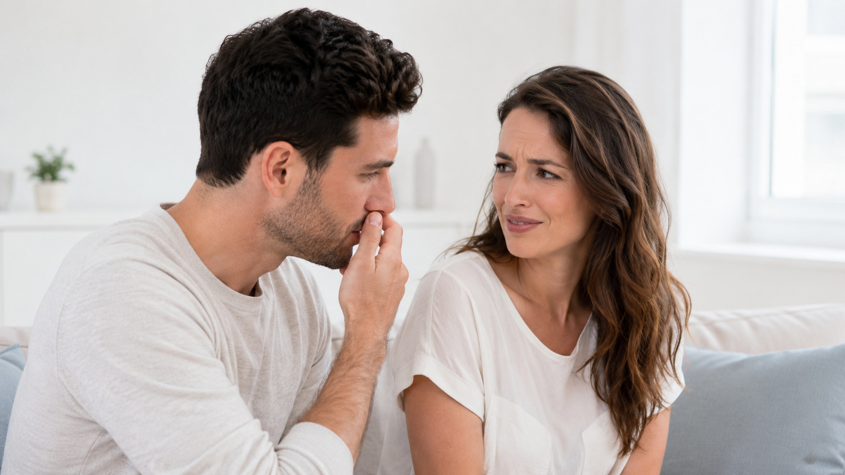 Pareja joven hablando de cerca con incomodidad por mal aliento